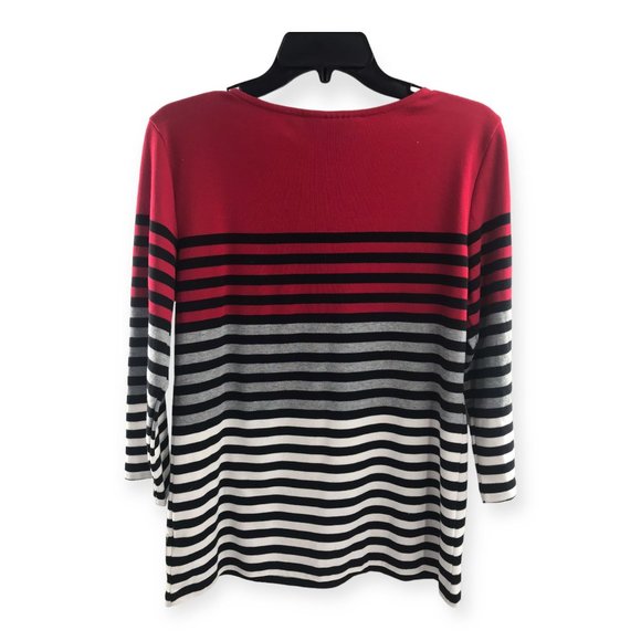 NEW! Karen Scott Woman Sport Top Wmns Sz 0X Red Black White Striped 3/4 Sleeve - Picture 2 of 5